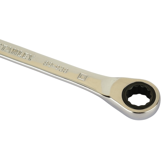 STANLEY STMT89938-8B combination ratcheting wrench, silver finish, close-up on ring end, white background.