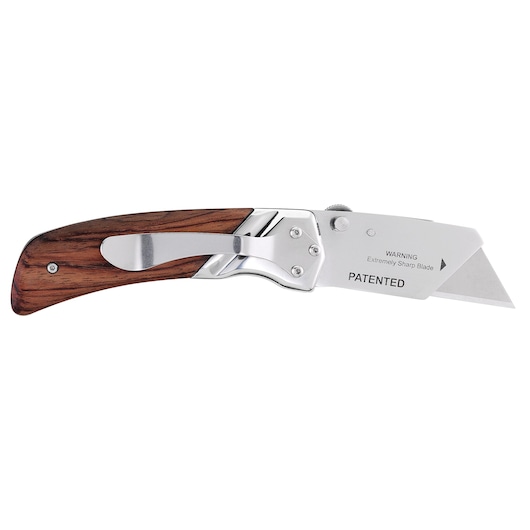 Photo of STANLEY 0-10-073 folding utility knife with wood handle, metal pocket clip, and sharp replaceable blade, side angle.