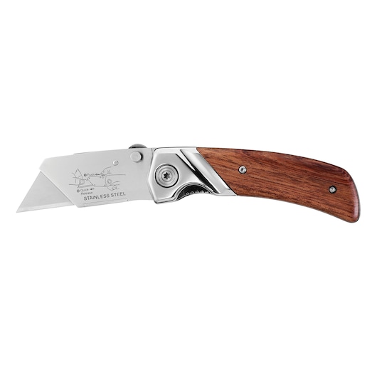 STANLEY 0-10-073 folding utility knife, stainless steel blade, wooden handle, side angle on white background.