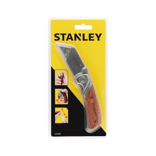 STANLEY 0-10-073 folding utility knife with wood handle, retail packaging, front angle.