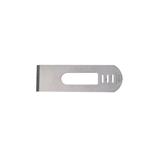 Photo of STANLEY 0-12-504 plane iron blade, silver, rectangular with rounded end, top view, white background.