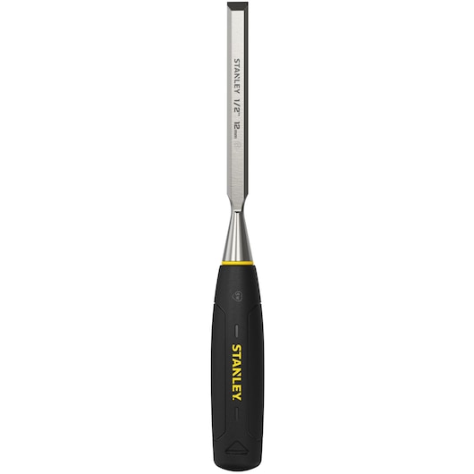 Stanley chisel with black and yellow handle and 12mm steel blade, shown upright on white background.