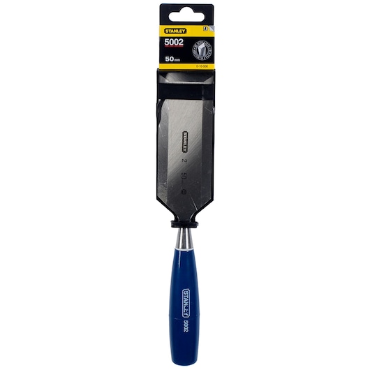 STANLEY 0-16-560 wood chisel with blue handle, 50mm blade, front angle, product photography.