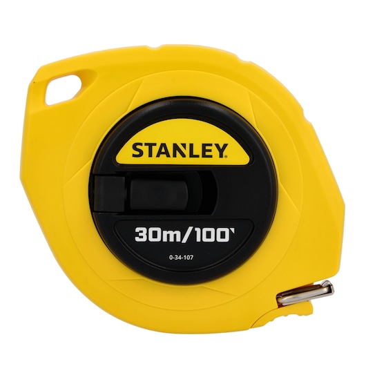 STANLEY 0-34-107 yellow and black closed reel tape measure, 30m/100ft, front view on white background.