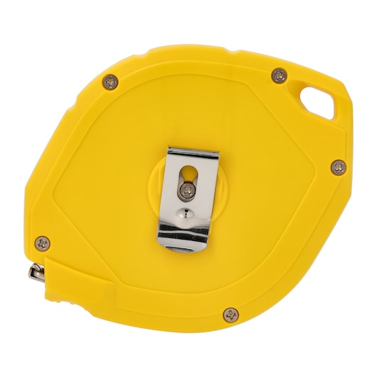 STANLEY 0-34-107 yellow measuring tape reel with belt clip, rear angle on white background.