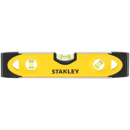 Stanley yellow spirit level with three bubble vials and black ends, used for measuring straight lines.