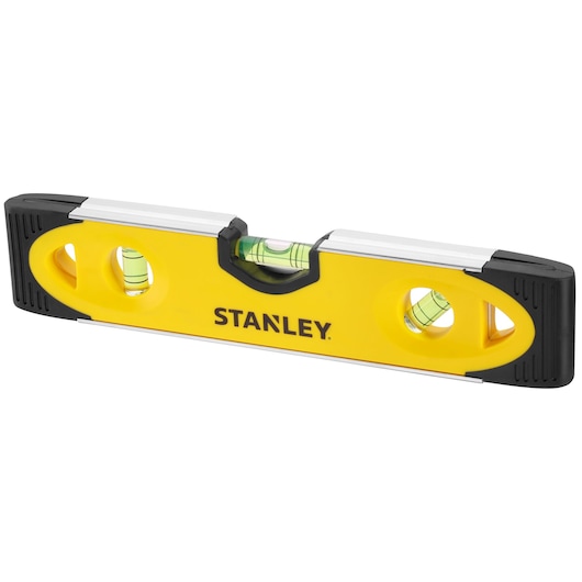 Stanley yellow spirit level tool with three bubble vials and black ends, used for measuring straight horizontal lines.