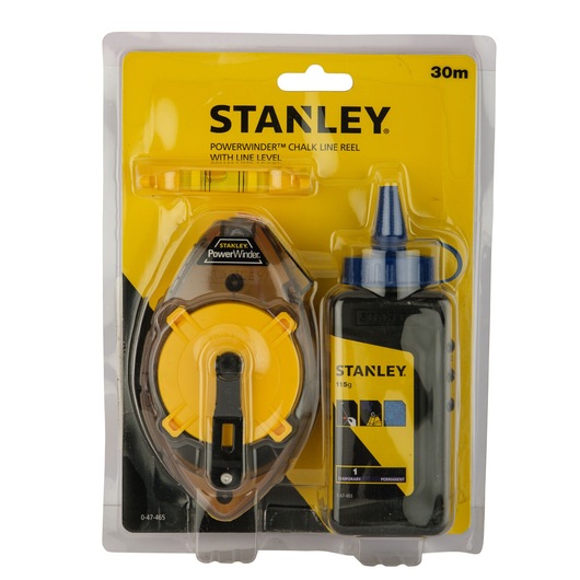 Stanley 0-47-465 chalk line reel set with yellow reel, blue chalk bottle and line level, front view on white background.