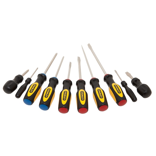 Photo of STANLEY 0-60-100 screwdriver set with black, yellow, blue, and red handles, angled on white background.