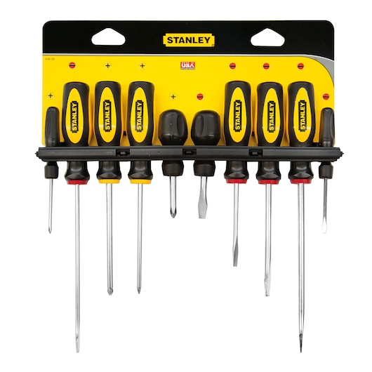 STANLEY 0-60-100 screwdriver set, nine pieces with black and yellow handles, front view on white background.