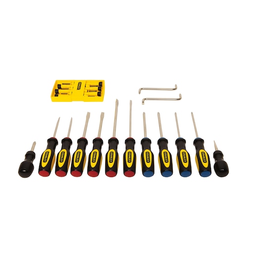 STANLEY 0-60-220 screwdriver set with black and yellow handles, mini screwdrivers and two L-shaped hex keys, top-down view.