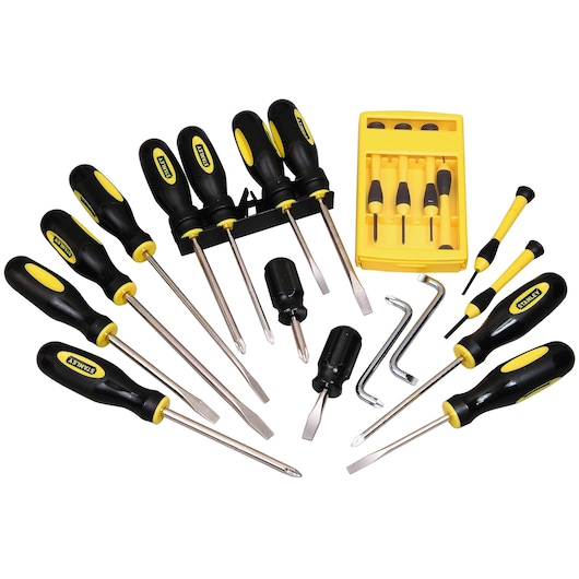 STANLEY 0-60-220 screwdriver set photography, assorted black and yellow screwdrivers and hex keys on white background.