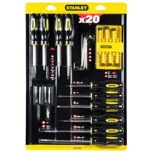 STANLEY 0-60-220 screwdriver set, 20-piece, black and yellow handles, flat and Phillips screwdrivers in packaging, top view.