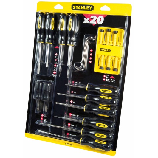 STANLEY 0-60-220 screwdriver set, 20-piece, black and yellow, retail packaging, front angle.