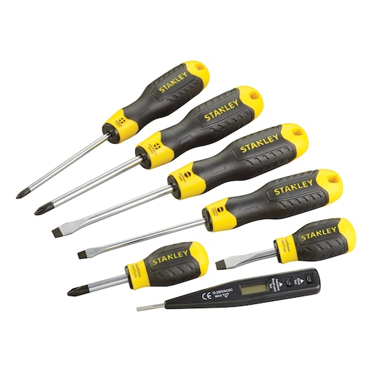 STANLEY 0-65-009 screwdriver and voltage tester set, black and yellow handles, flat lay photo.