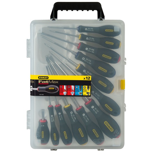 STANLEY 0-65-426 screwdriver set in a transparent plastic case, contains 12 FatMax screwdrivers with black and yellow handles, front angle.
