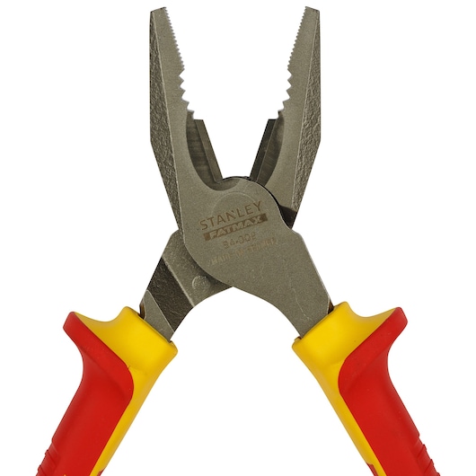 STANLEY 0-84-002 pliers with red and yellow insulated handles, front angle on white background.