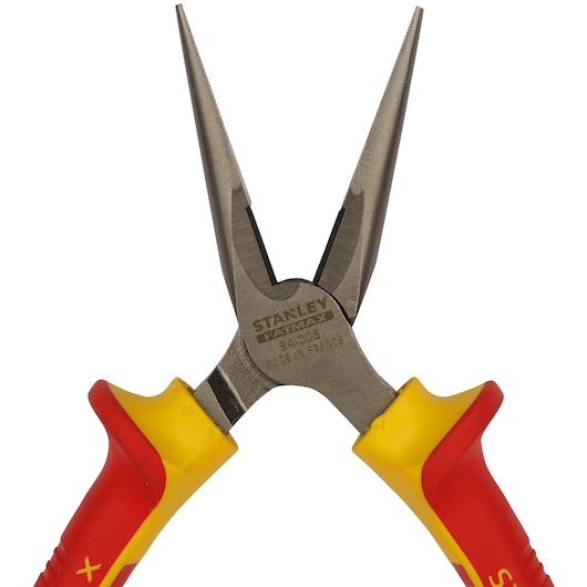 STANLEY 0-84-006 long nose pliers with red and yellow insulated handles, front angle on white background.