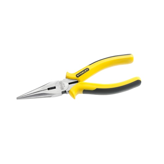 Photo of STANLEY 0-84-053 long nose pliers with yellow and black handles, side angle on white background.
