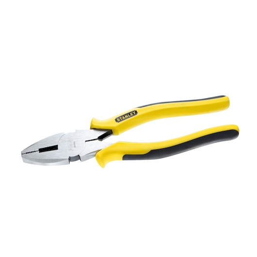 STANLEY 0-84-055 combination pliers with yellow and black handles, side angle on white background.