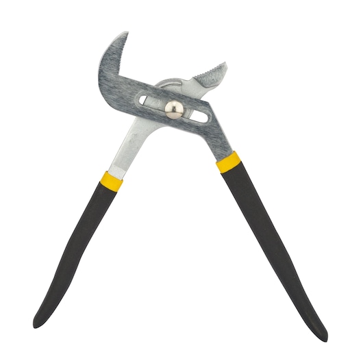 STANLEY 0-84-111 adjustable water pump pliers with black and yellow handles, product angle on white background.