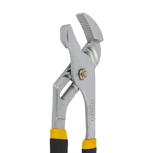 STANLEY 0-84-111 adjustable grooved joint pliers with yellow and black handles, front angle.
