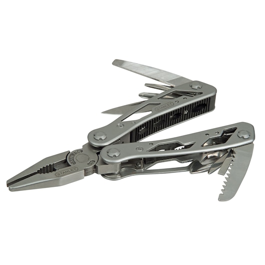 STANLEY 0-84-519 multi-tool with pliers, knife, saw, and other tools extended, side angle on white background.