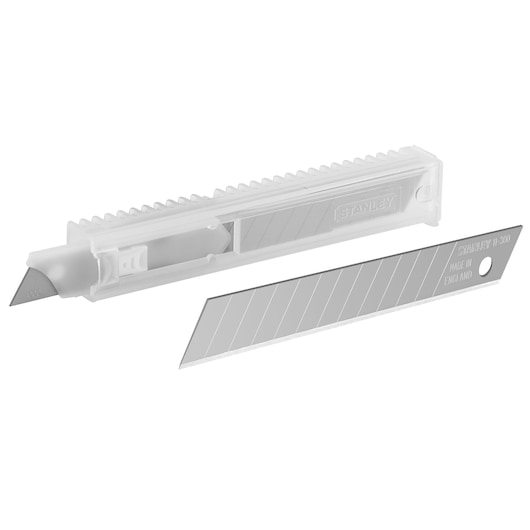 STANLEY 1-11-300 snap-off utility blade with clear plastic case, side angle, silver color.