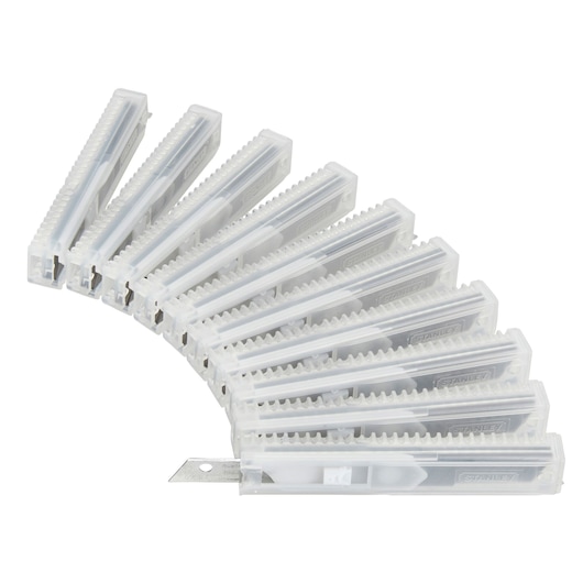 STANLEY 1-11-300 cutter blades in clear plastic cases, fanned layout, product photography on white background.