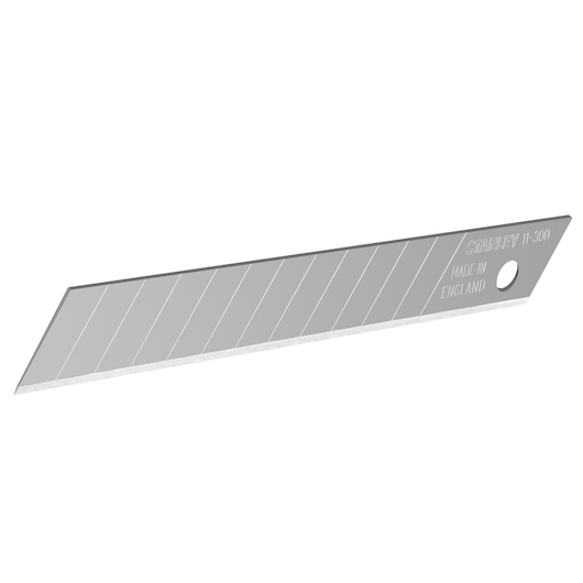 Photo of STANLEY 1-11-300 snap-off utility knife blade, silver, angled view, visible scored segments.