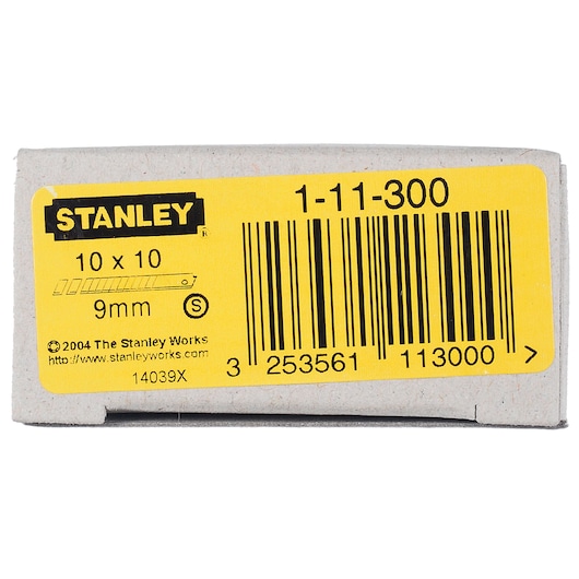 STANLEY 1-11-300 box of 9mm utility knife blades with yellow label, barcode, and product details, front angle.