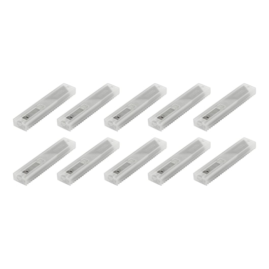 Stanley 1-11-301 utility blade pack, set of ten, clear cases, angled front view, photography