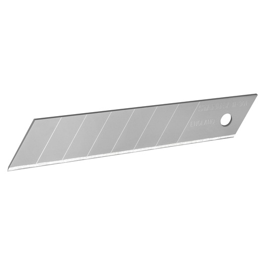STANLEY 1-11-301 snap-off utility blade, silver, angled edge, single blade on white background.