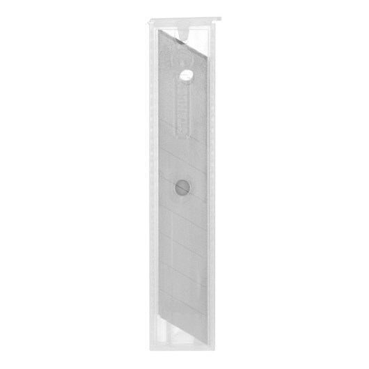 STANLEY 1-11-301 snap-off utility blades in clear plastic case, front angle photo.