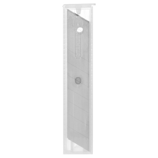 STANLEY 1-11-301 snap-off utility blades in clear plastic case, front view, silver metal segmented blades.