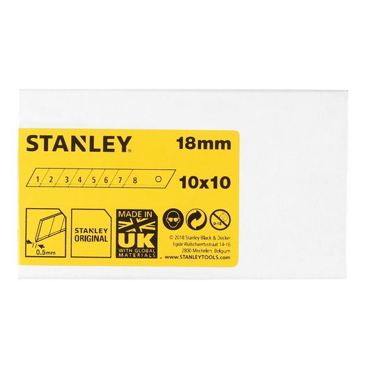 STANLEY 1-11-301 utility knife blades, 18mm, 10x10 pack, white box with yellow front label, front angle.