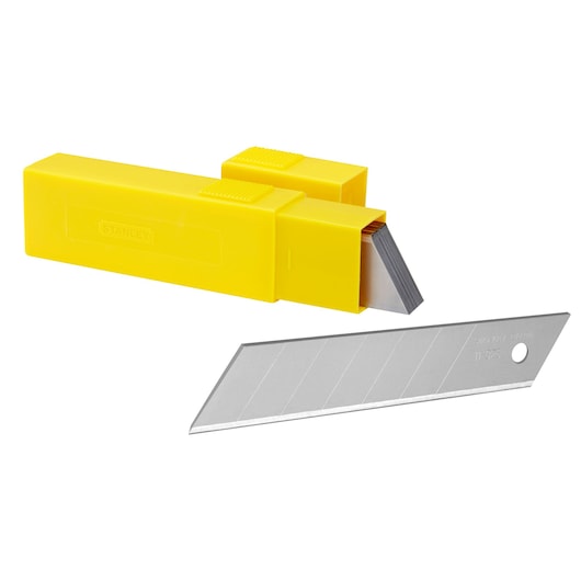 STANLEY snap-off utility blades in a yellow plastic dispenser, shown with one blade outside.