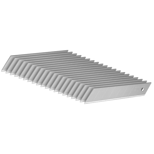 STANLEY 1-11-325 snap-off utility blades, silver, set of blades arranged in a fan, product photo on white background.