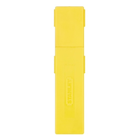 Photo of STANLEY 1-11-325 yellow plastic utility blade dispenser, front view, with embossed logo.