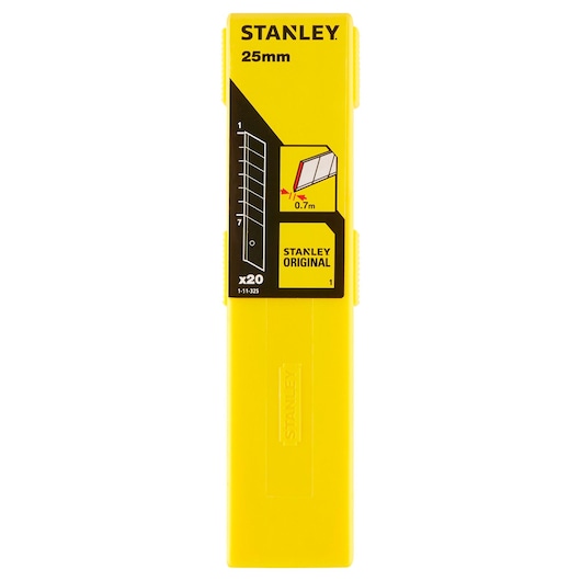 STANLEY 1-11-325 yellow rectangular blade dispenser for 25mm utility blades, front view, photography product.