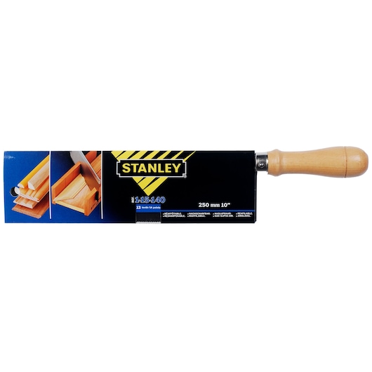 STANLEY 1-15-140 backsaw with wooden handle, straight side view, black and yellow packaging, 250 mm length.