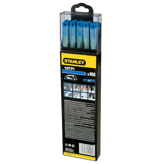 Stanley 1-15-557 hacksaw blades pack, 18 TPI, 100 pieces, blue, front angle, photography product.