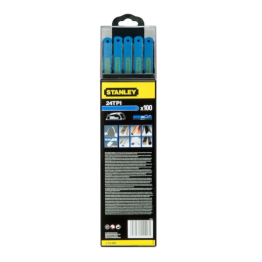 STANLEY 1-15-558 saw blade pack, 24TPI, blue blades, 300mm, vertical front view on white background.