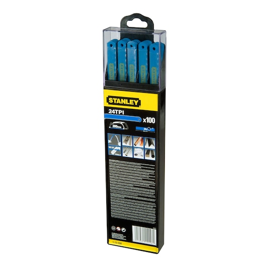 STANLEY 1-15-558 hacksaw blades pack, 24 TPI, blue, 300mm, set of 100, product photography, rear angle.