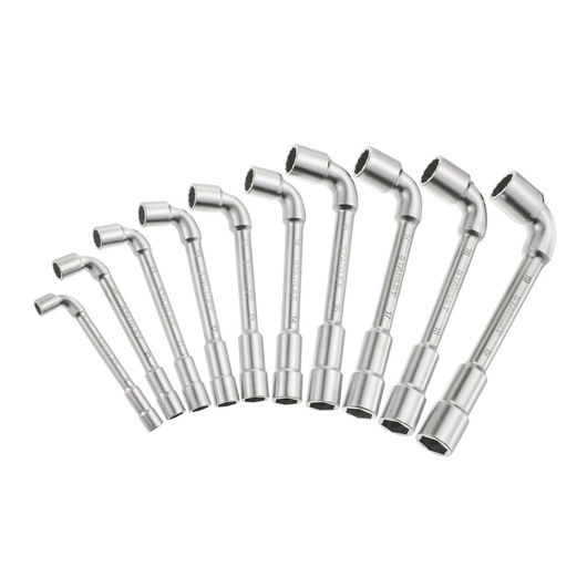 STANLEY 1-17-387 set of 10 offset box wrenches arranged in a fan shape, silver finish, white background angle.