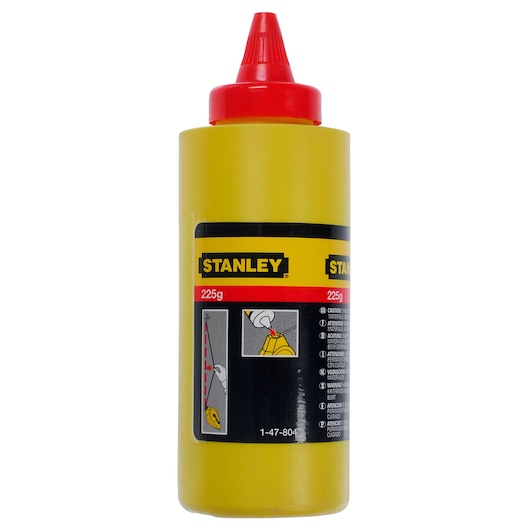 STANLEY 1-47-804 yellow chalk powder bottle, 225g, with red cap, front view, for marking lines.