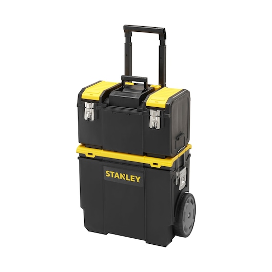 STANLEY 1-70-326 rolling toolbox with black and yellow stackable compartments, front angle on white background.