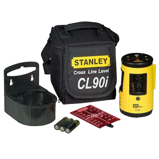 STANLEY 1-77-021 laser level kit with yellow cross line level, black case, bracket, batteries, and red target card, front view.