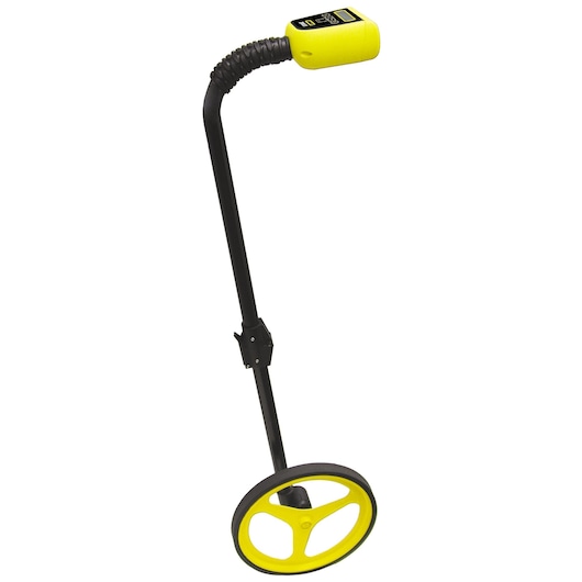 STANLEY 1-77-176 measuring wheel with black handle and yellow wheel, angled side view, photo on white background.