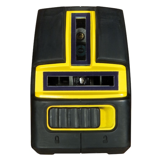 STANLEY 1-77-320 laser level, front view, black and yellow body with adjustment dial.